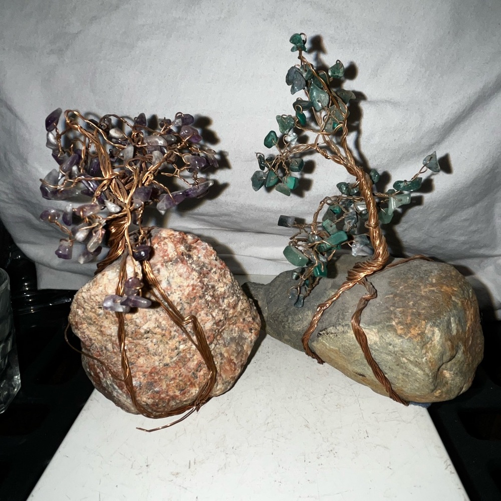 Vintage Mini Jade Glass Wire Tree In Quartz Amethyst Cluster Base  6” & 5”